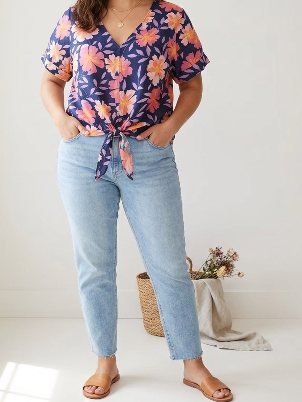Charter Club Navy Floral Tie-Front V-Neck Top